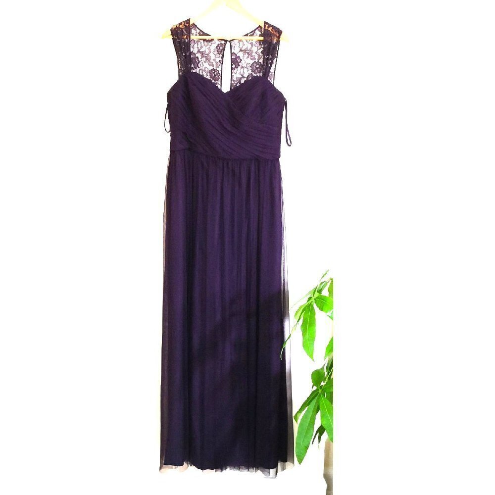 Amsale Bohemian Long Tulle Bridesmaid Dress Lace Shoulder Purple Size 16